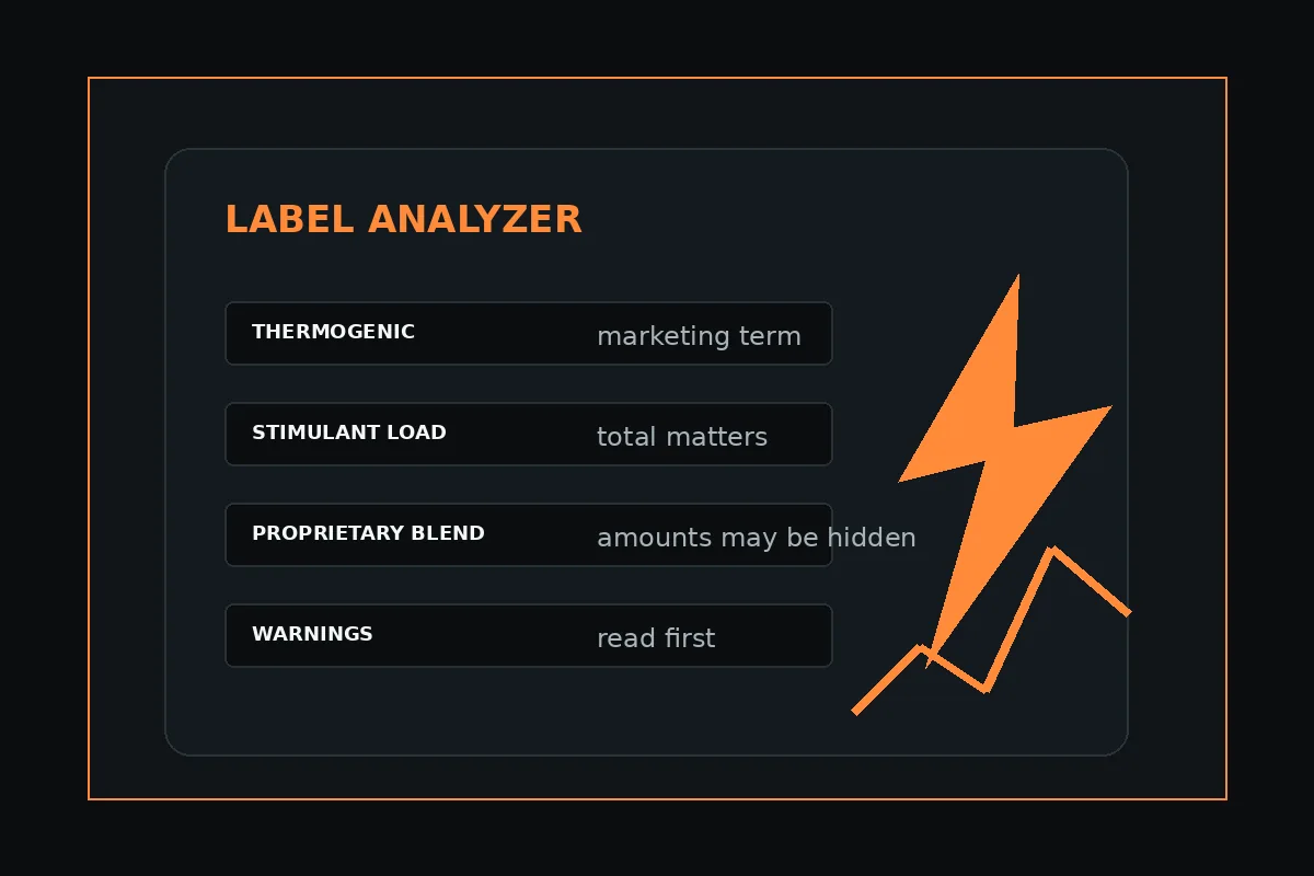 Label analyzer showing thermogenic claims, stimulant load, proprietary blends and warnings